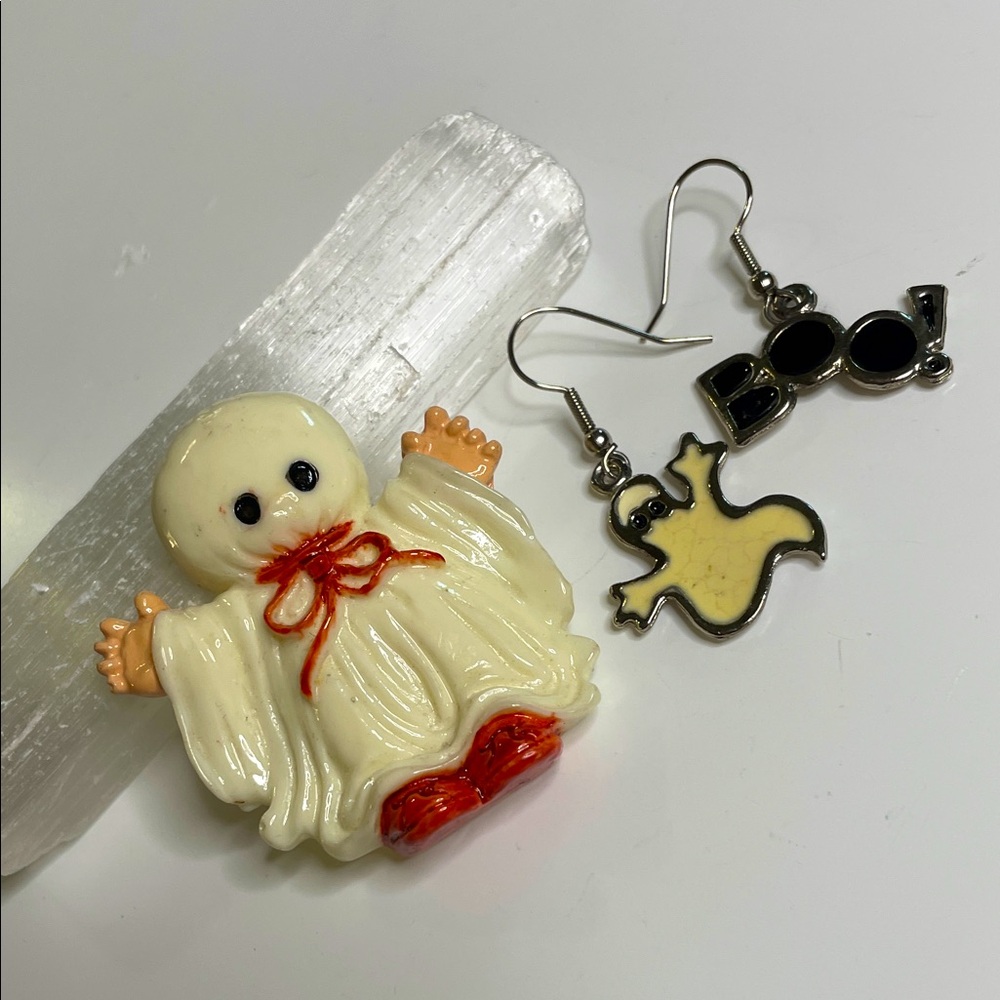 Enesco Morehead Vintage Halloween Collection Ghost Pin & Spooky Earrings